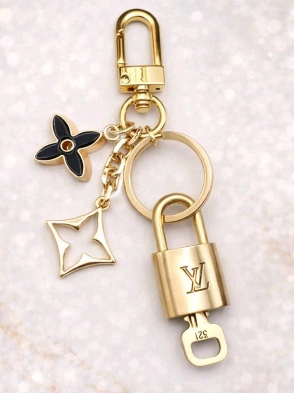 Louis Vuitton Gold Padlock Key 🔒 Authentic LV Charm + Unbranded Flower Keychain
